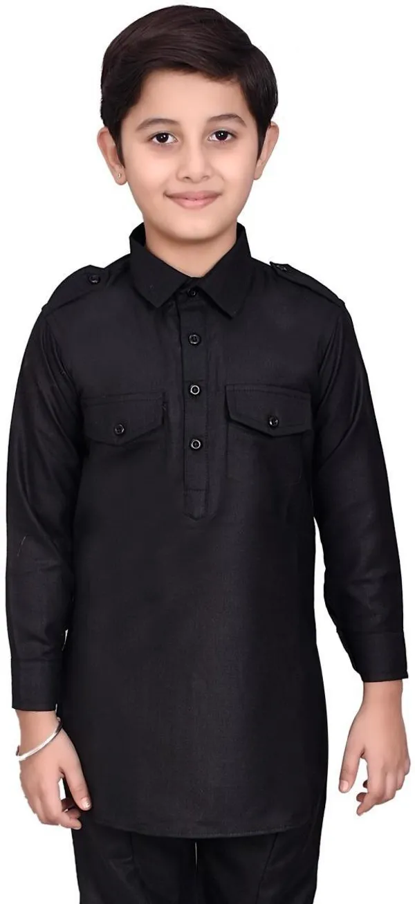 Black_Cotton_Blend_Solid_Full_Sleeve_Collared_Neck_Kurta_And_Pyjama_Set_For_Boys