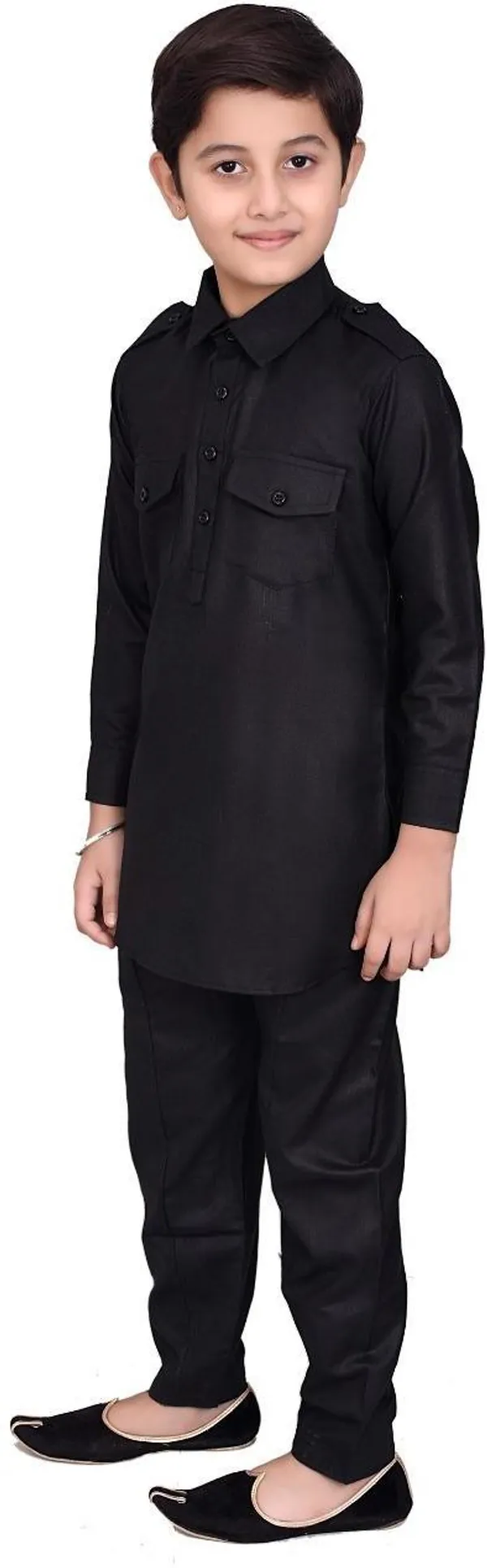 Black_Cotton_Blend_Solid_Full_Sleeve_Collared_Neck_Kurta_And_Pyjama_Set_For_Boys