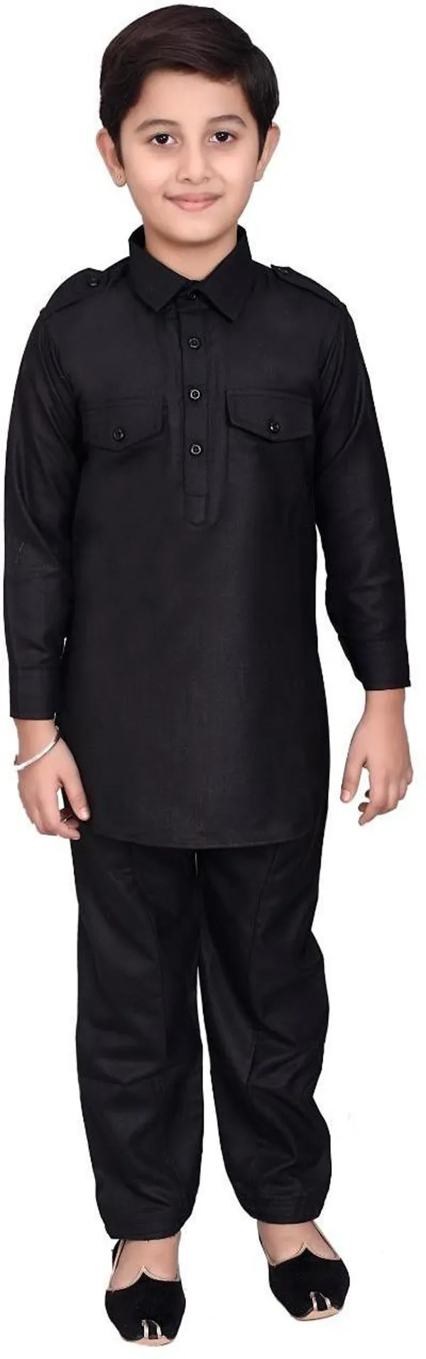 Black_Cotton_Blend_Solid_Full_Sleeve_Collared_Neck_Kurta_And_Pyjama_Set_For_Boys