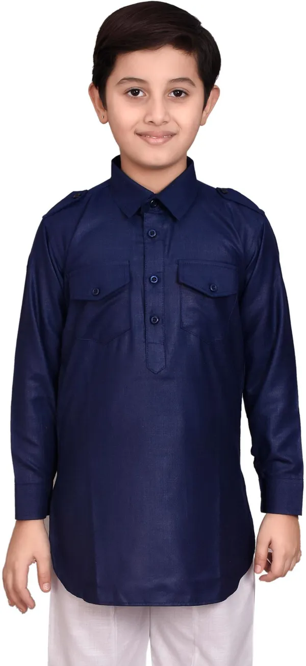 Dark_Blue_Cotton_Blend_Solid_Full_Sleeve_Collared_Neck_Kurta_And_Pyjama_Set_For_Boys