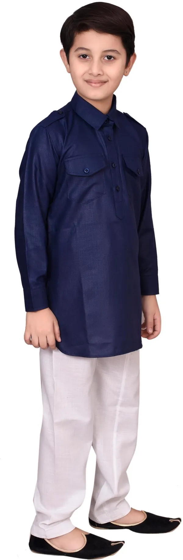 Dark_Blue_Cotton_Blend_Solid_Full_Sleeve_Collared_Neck_Kurta_And_Pyjama_Set_For_Boys
