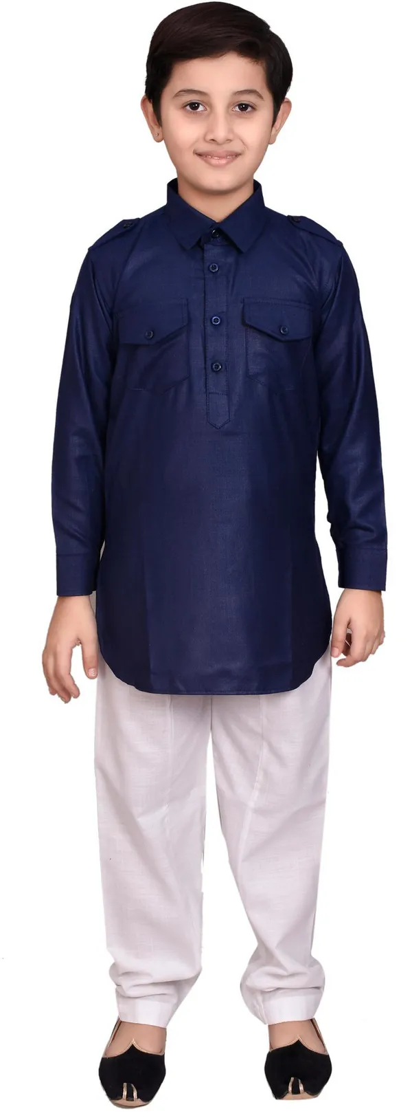 Dark_Blue_Cotton_Blend_Solid_Full_Sleeve_Collared_Neck_Kurta_And_Pyjama_Set_For_Boys