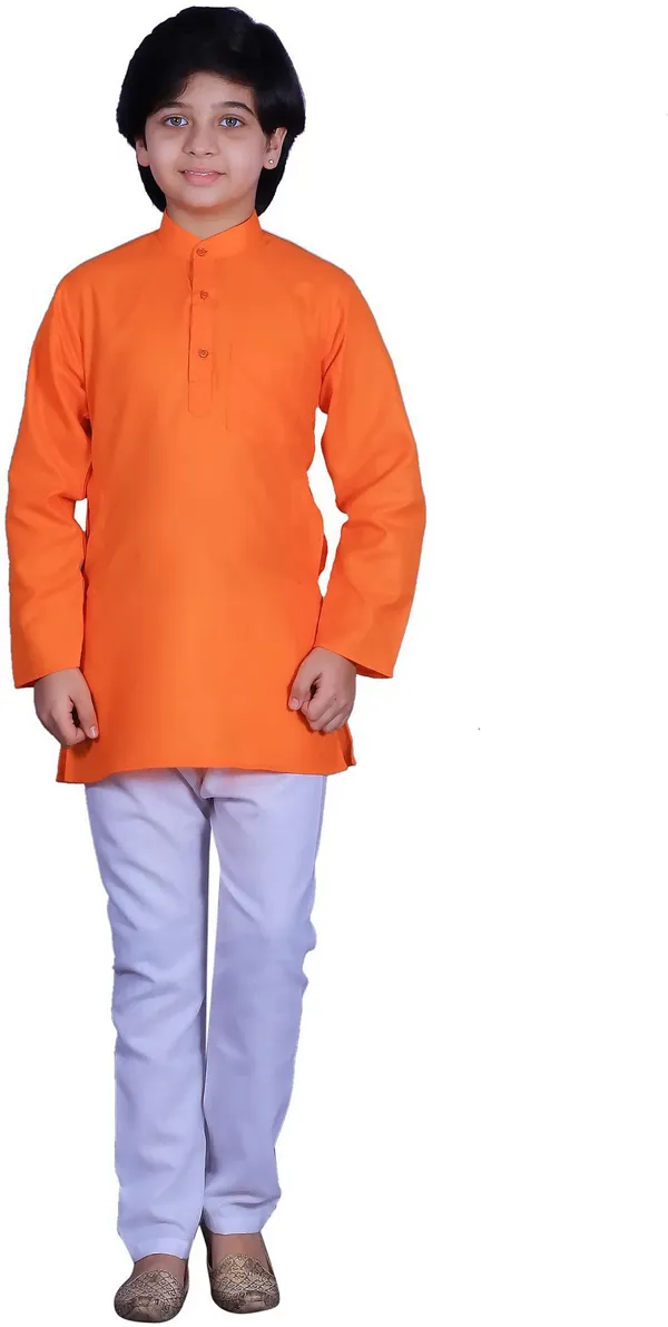 Orange_Cotton_Blend_Solid_Full_Sleeve_Mandarin_Collar_Kurta_And_Pyjama_Set_For_Boys