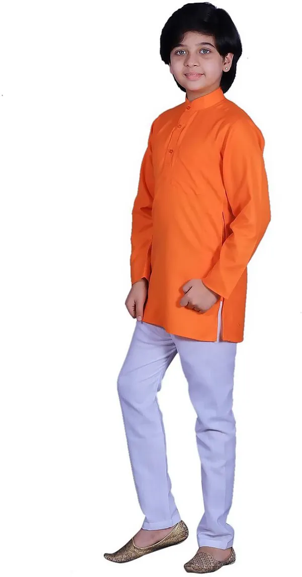 Orange_Cotton_Blend_Solid_Full_Sleeve_Mandarin_Collar_Kurta_And_Pyjama_Set_For_Boys