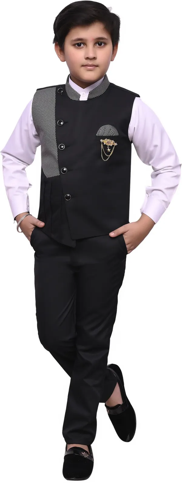 Black_Polyester_Self_Design_Full_Sleeve_Mandarin_Collar_Shirt,_Waistcoat_And_Pant_Set_For_Baby_Boys