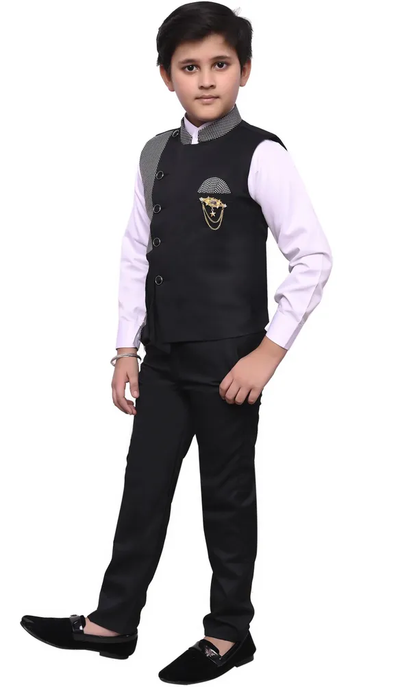 Black_Polyester_Self_Design_Full_Sleeve_Mandarin_Collar_Shirt,_Waistcoat_And_Pant_Set_For_Baby_Boys