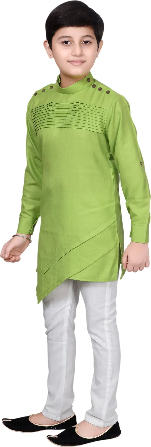 Green_Cotton_Blend_Solid_Full_Sleeve_Mandarin_Collar_Kurta_And_Pyjama_Set_For_Boys