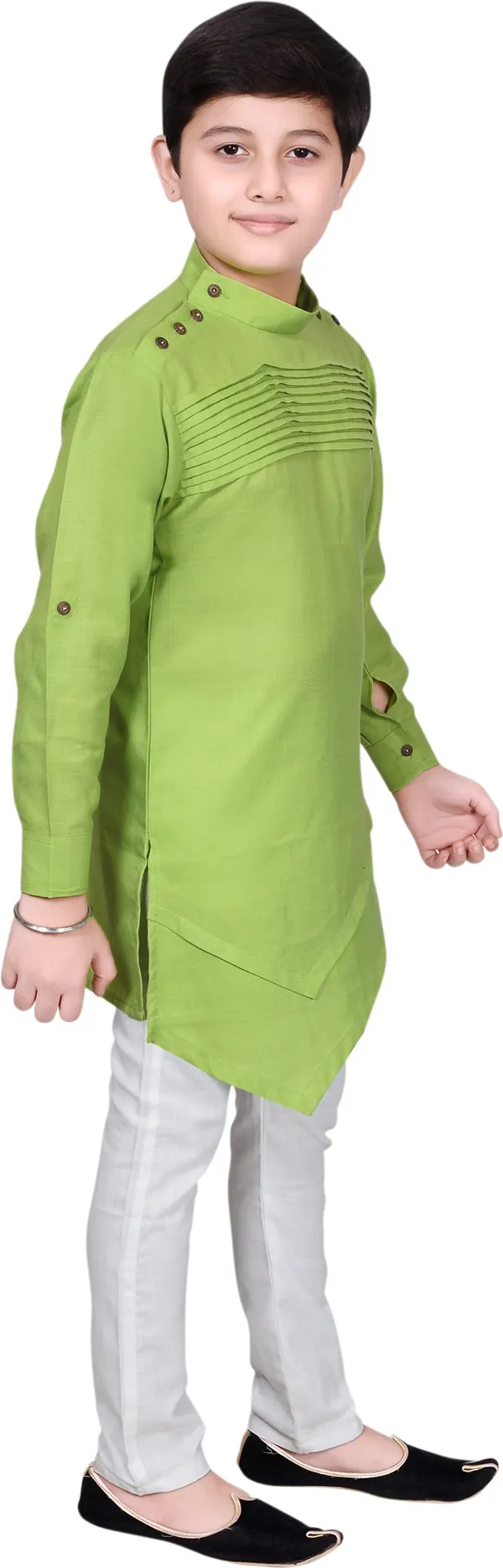 Green_Cotton_Blend_Solid_Full_Sleeve_Mandarin_Collar_Kurta_And_Pyjama_Set_For_Boys