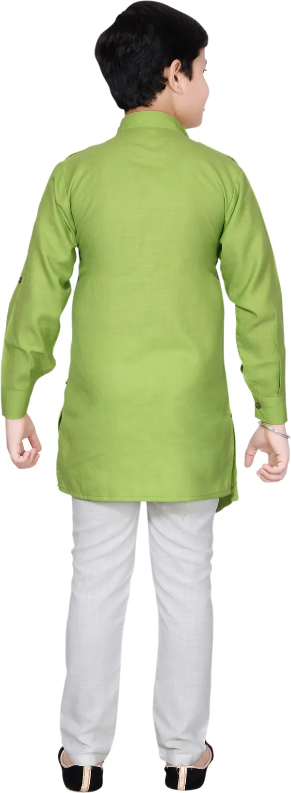 Green_Cotton_Blend_Solid_Full_Sleeve_Mandarin_Collar_Kurta_And_Pyjama_Set_For_Boys