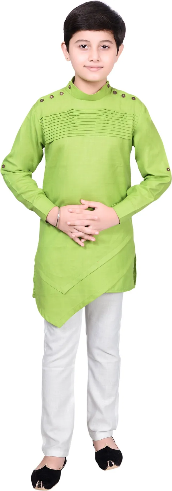 Green_Cotton_Blend_Solid_Full_Sleeve_Mandarin_Collar_Kurta_And_Pyjama_Set_For_Boys