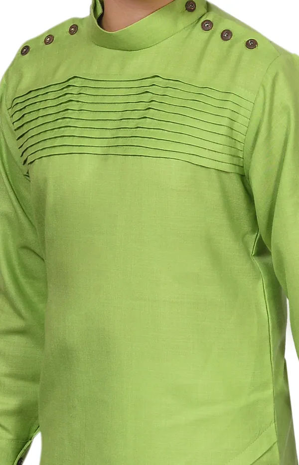 Green_Cotton_Blend_Solid_Full_Sleeve_Mandarin_Collar_Kurta_And_Pyjama_Set_For_Boys