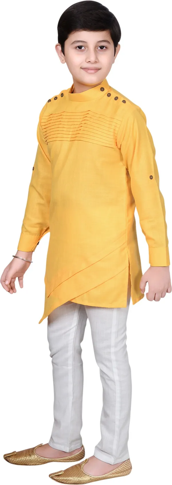 Yellow_Cotton_Blend_Solid_Full_Sleeve_Mandarin_Collar_Kurta_And_Pyjama_Set_For_Boys
