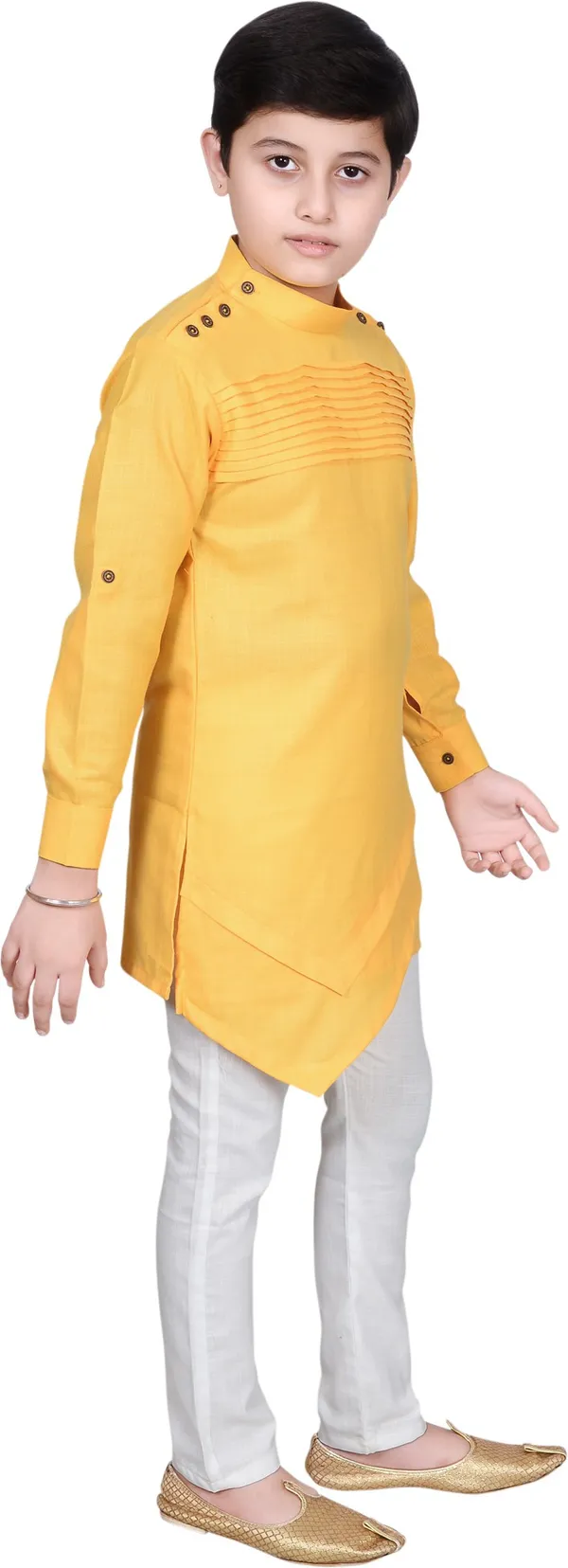 Yellow_Cotton_Blend_Solid_Full_Sleeve_Mandarin_Collar_Kurta_And_Pyjama_Set_For_Boys