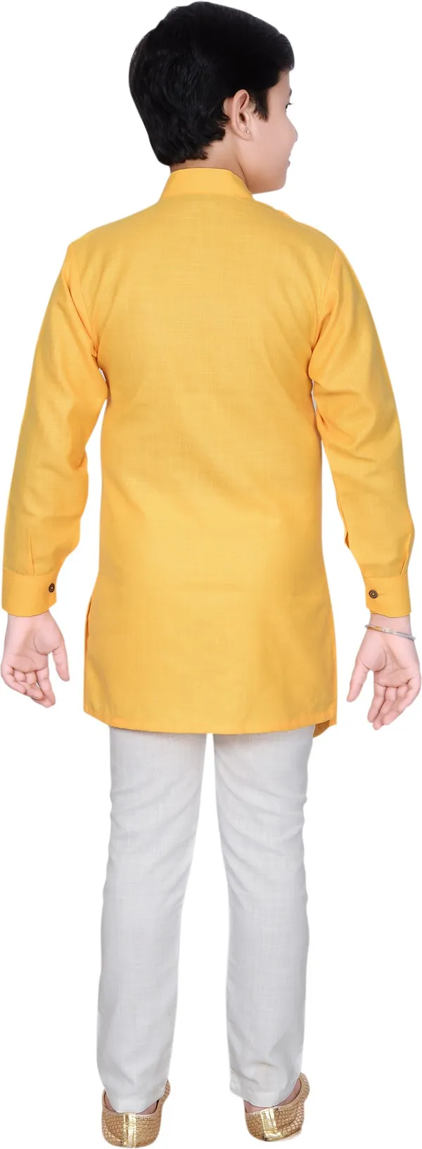 Yellow_Cotton_Blend_Solid_Full_Sleeve_Mandarin_Collar_Kurta_And_Pyjama_Set_For_Boys