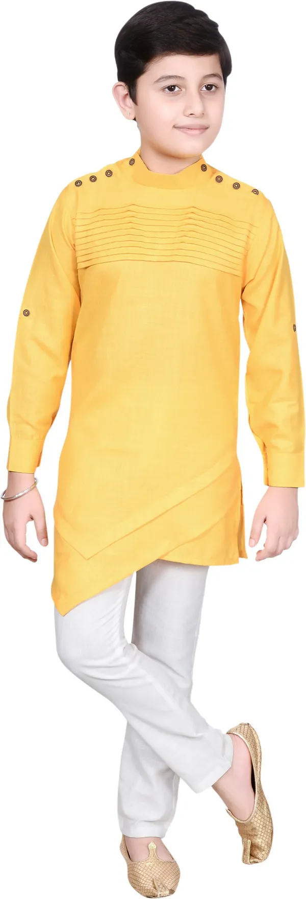 Yellow_Cotton_Blend_Solid_Full_Sleeve_Mandarin_Collar_Kurta_And_Pyjama_Set_For_Boys