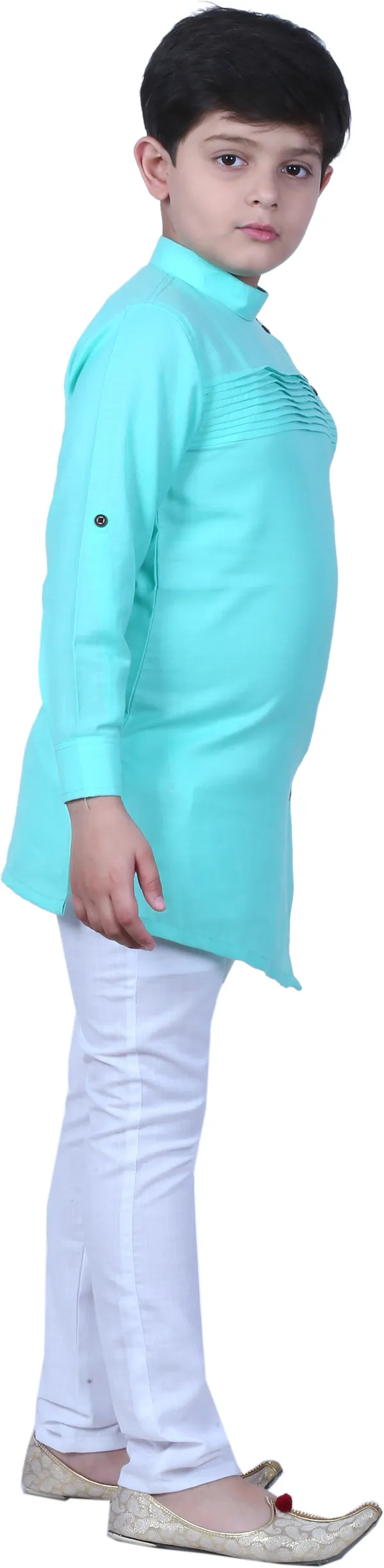 Light_Blue_Cotton_Blend_Striped::Solid_Full_Sleeve_Mandarin_Collar_Kurta_And_Churidar_Set_For_Boys