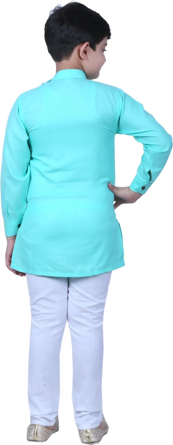 Light_Blue_Cotton_Blend_Striped::Solid_Full_Sleeve_Mandarin_Collar_Kurta_And_Churidar_Set_For_Boys