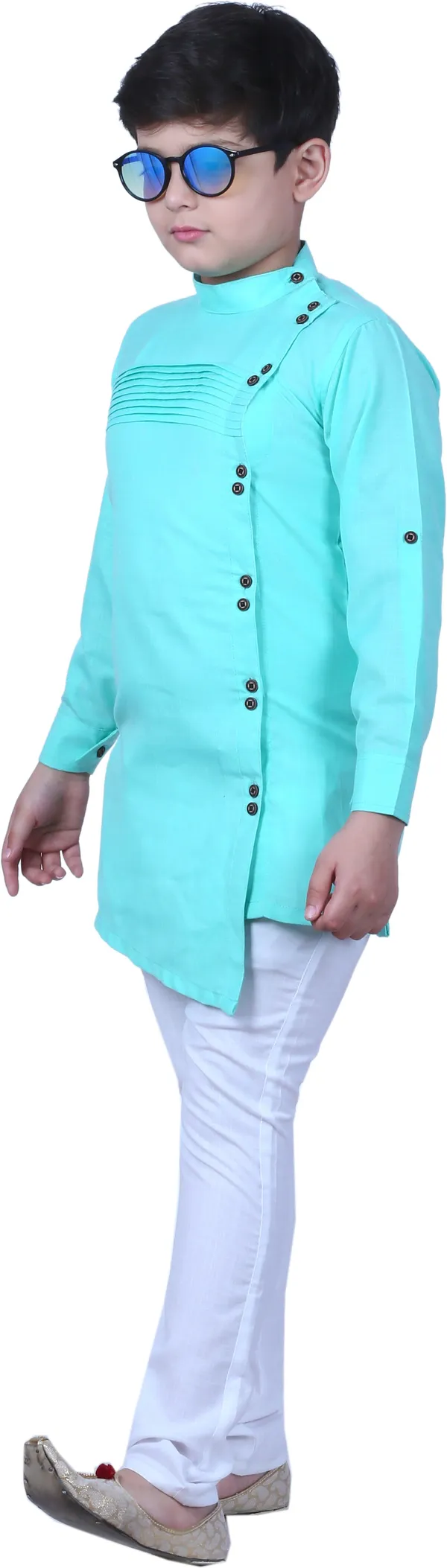 Light_Blue_Cotton_Blend_Striped::Solid_Full_Sleeve_Mandarin_Collar_Kurta_And_Churidar_Set_For_Boys