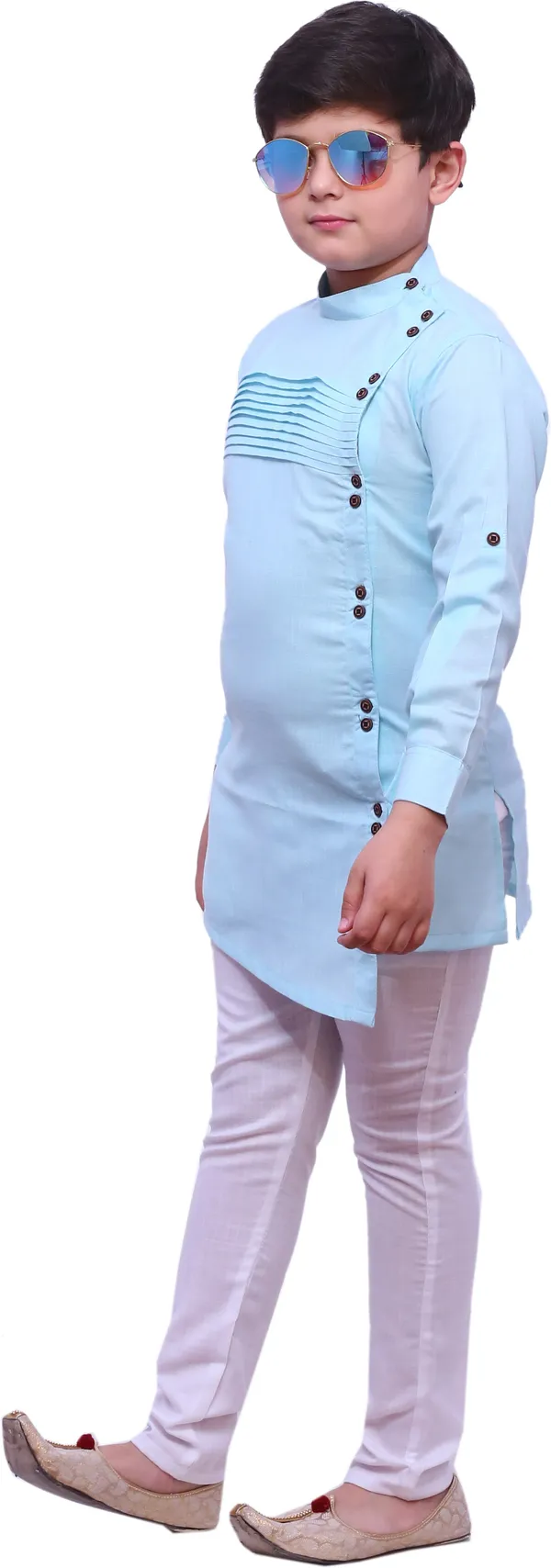 Light_Blue_Cotton_Blend_Striped::Solid_Full_Sleeve_Mandarin_Collar_Kurta_And_Churidar_Set_For_Boys