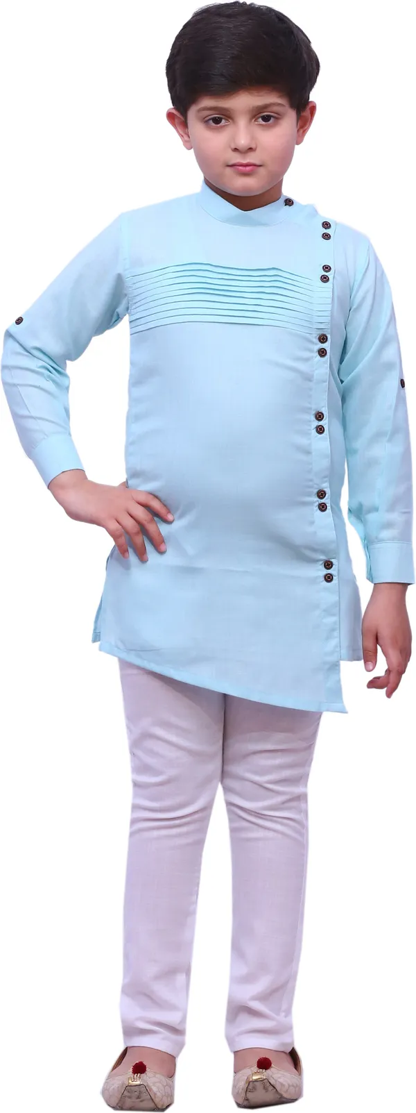 Light_Blue_Cotton_Blend_Striped::Solid_Full_Sleeve_Mandarin_Collar_Kurta_And_Churidar_Set_For_Boys