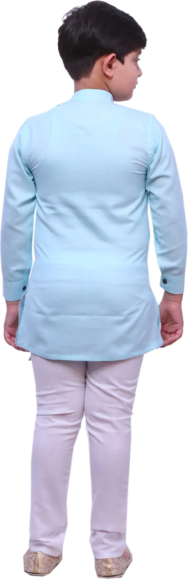Light_Blue_Cotton_Blend_Striped::Solid_Full_Sleeve_Mandarin_Collar_Kurta_And_Churidar_Set_For_Boys