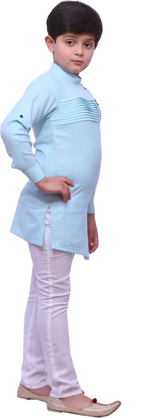 Light_Blue_Cotton_Blend_Striped::Solid_Full_Sleeve_Mandarin_Collar_Kurta_And_Churidar_Set_For_Boys
