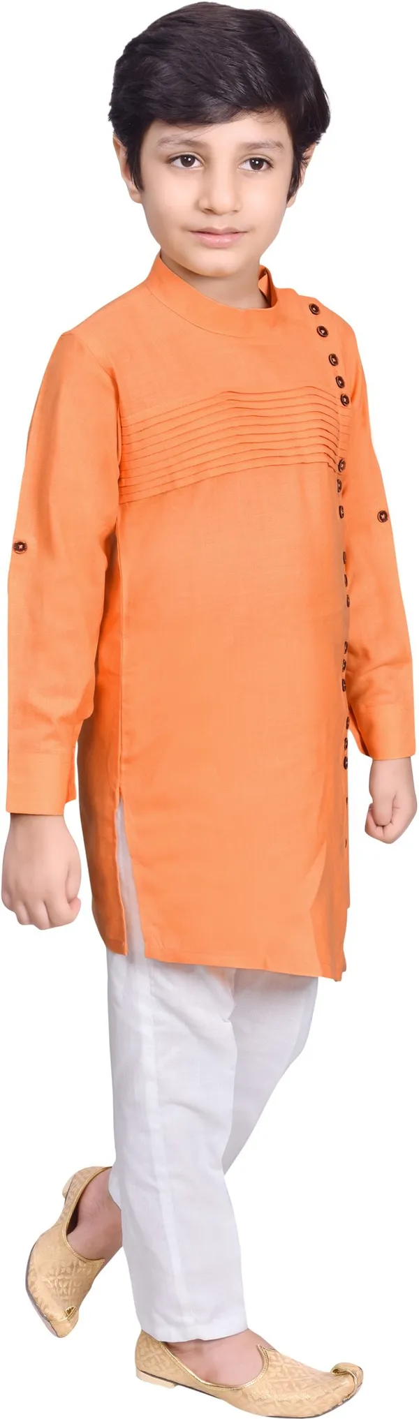 Cotton_Blend_Striped::Solid_Full_Sleeve_Mandarin_Collar_Kurta_And_Churidar_Set_For_Boys