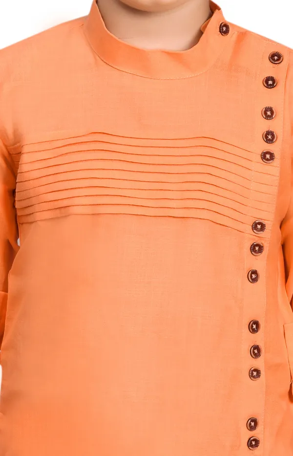 Cotton_Blend_Striped::Solid_Full_Sleeve_Mandarin_Collar_Kurta_And_Churidar_Set_For_Boys