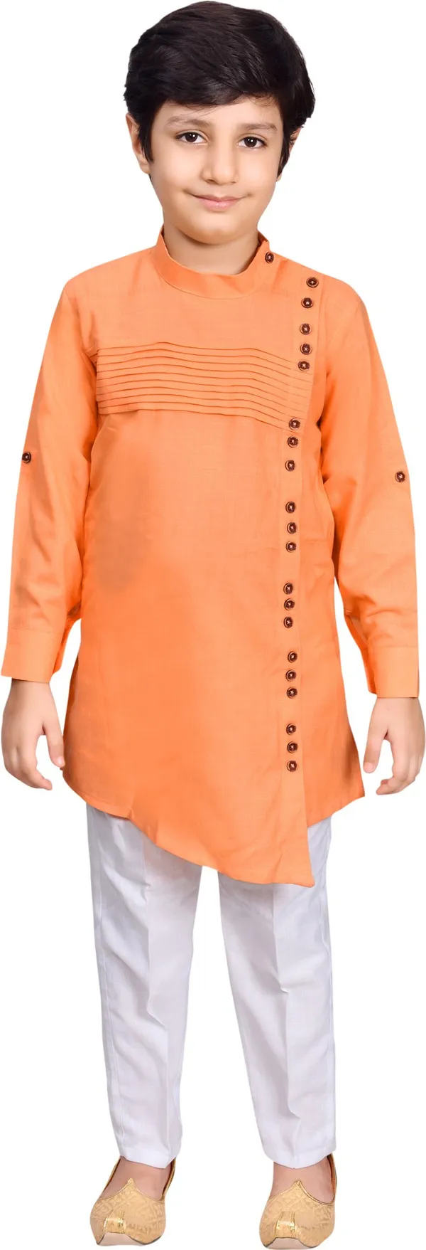 Cotton_Blend_Striped::Solid_Full_Sleeve_Mandarin_Collar_Kurta_And_Churidar_Set_For_Boys