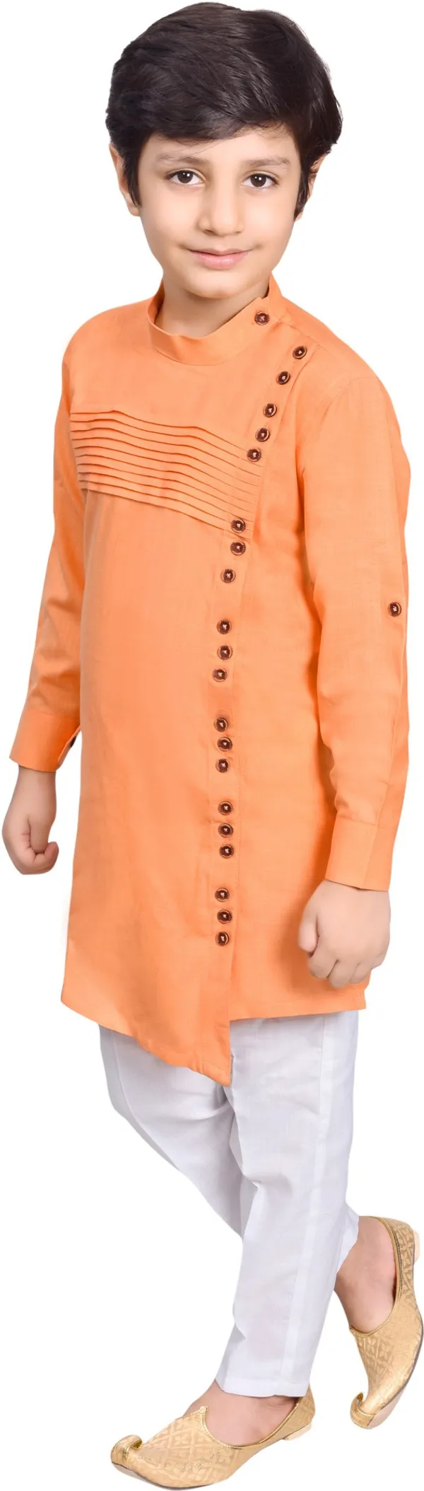 Cotton_Blend_Striped::Solid_Full_Sleeve_Mandarin_Collar_Kurta_And_Churidar_Set_For_Boys