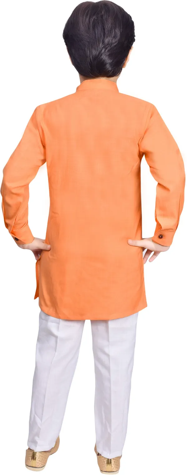 Cotton_Blend_Striped::Solid_Full_Sleeve_Mandarin_Collar_Kurta_And_Churidar_Set_For_Boys