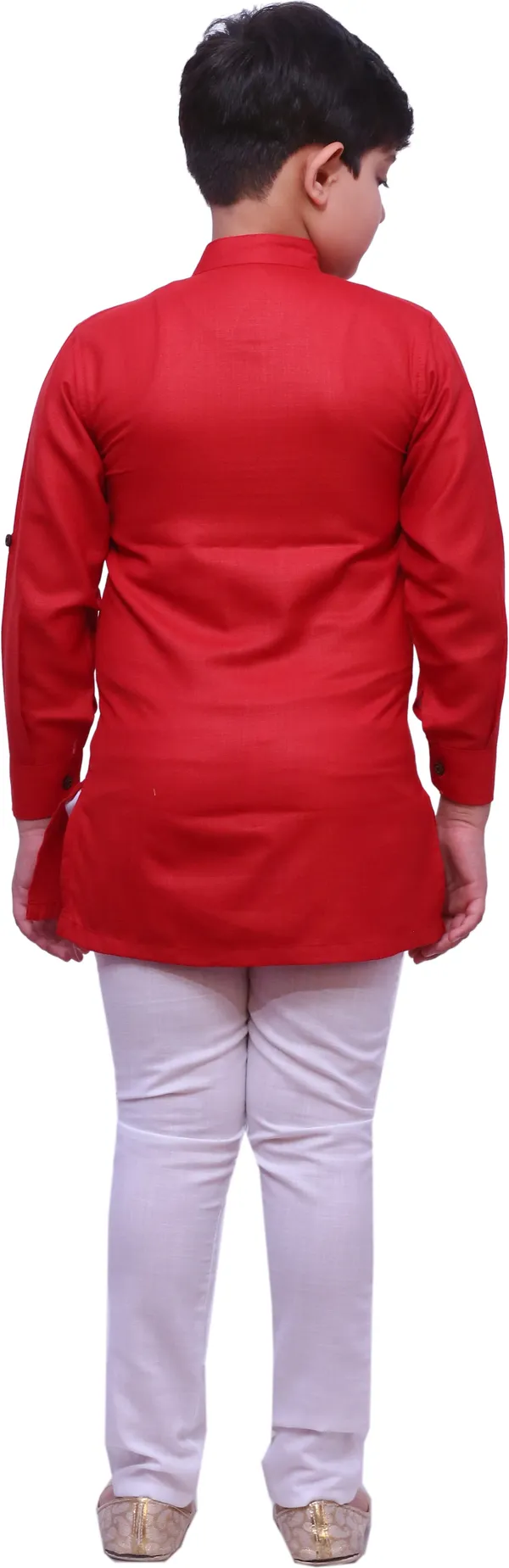 Red_Cotton_Blend_Solid_Full_Sleeve_Mandarin_Collar_Kurta_And_Pyjama_Set_For_Boys