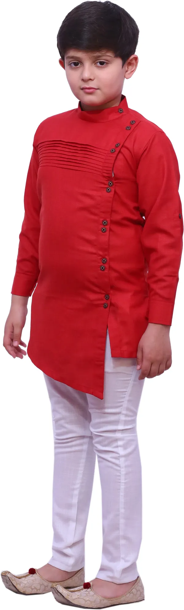 Red_Cotton_Blend_Solid_Full_Sleeve_Mandarin_Collar_Kurta_And_Pyjama_Set_For_Boys