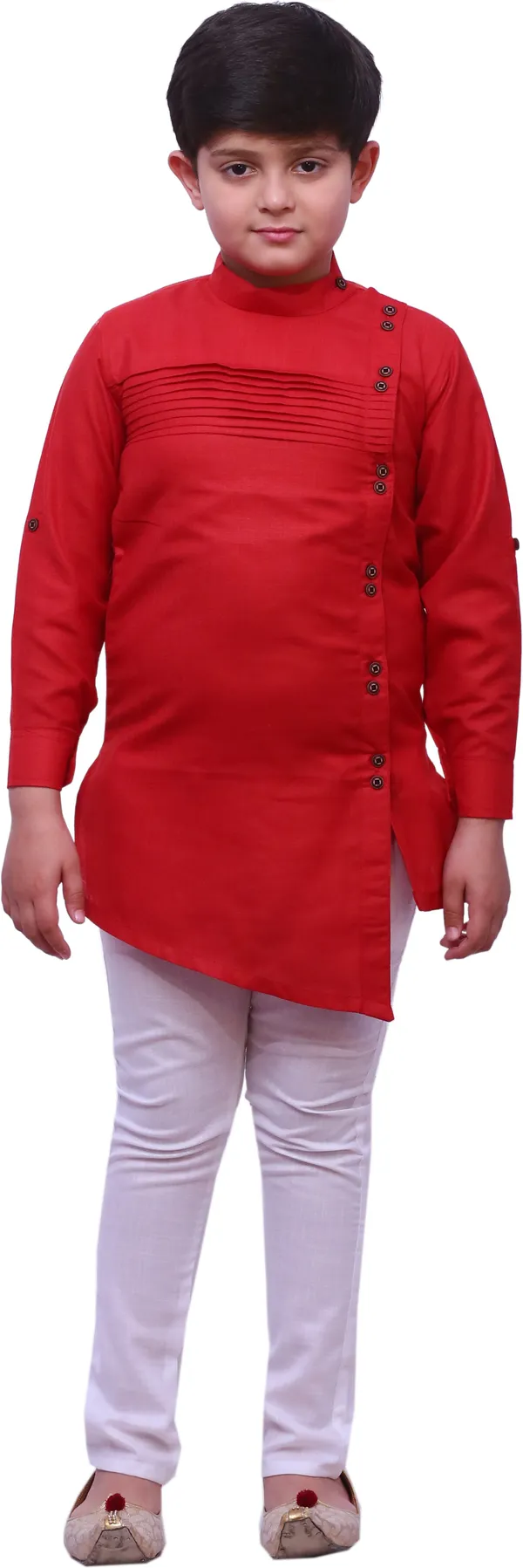Red_Cotton_Blend_Solid_Full_Sleeve_Mandarin_Collar_Kurta_And_Pyjama_Set_For_Boys