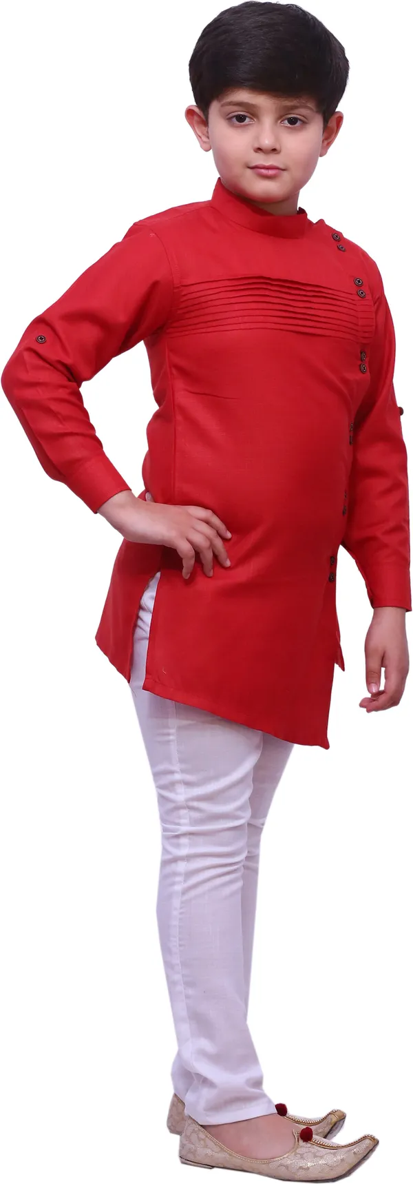 Red_Cotton_Blend_Solid_Full_Sleeve_Mandarin_Collar_Kurta_And_Pyjama_Set_For_Boys