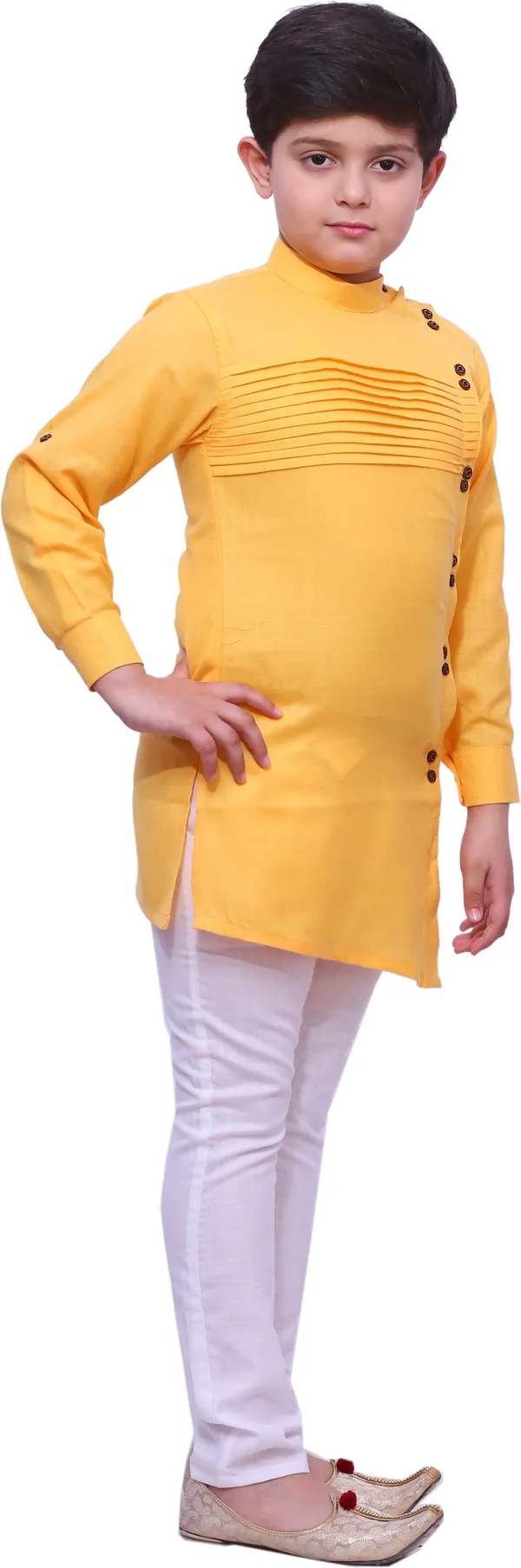 Yellow_Cotton_Blend_Solid_Full_Sleeve_Mandarin_Collar_Kurta_And_Pyjama_Set_For_Boys