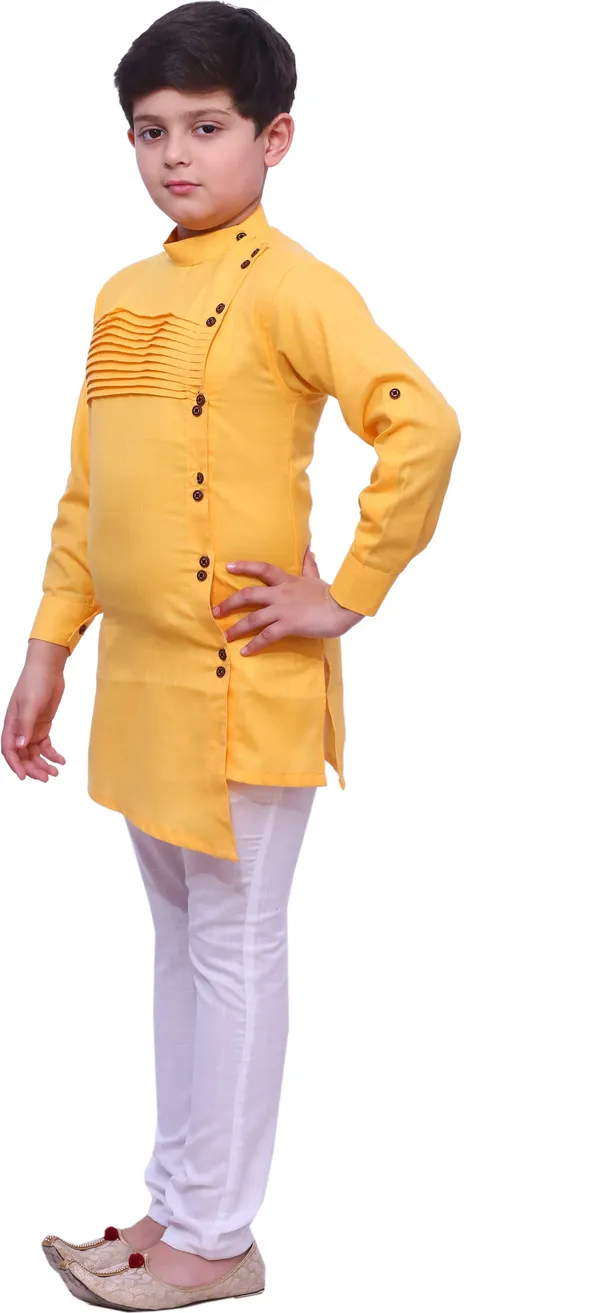Yellow_Cotton_Blend_Solid_Full_Sleeve_Mandarin_Collar_Kurta_And_Pyjama_Set_For_Boys
