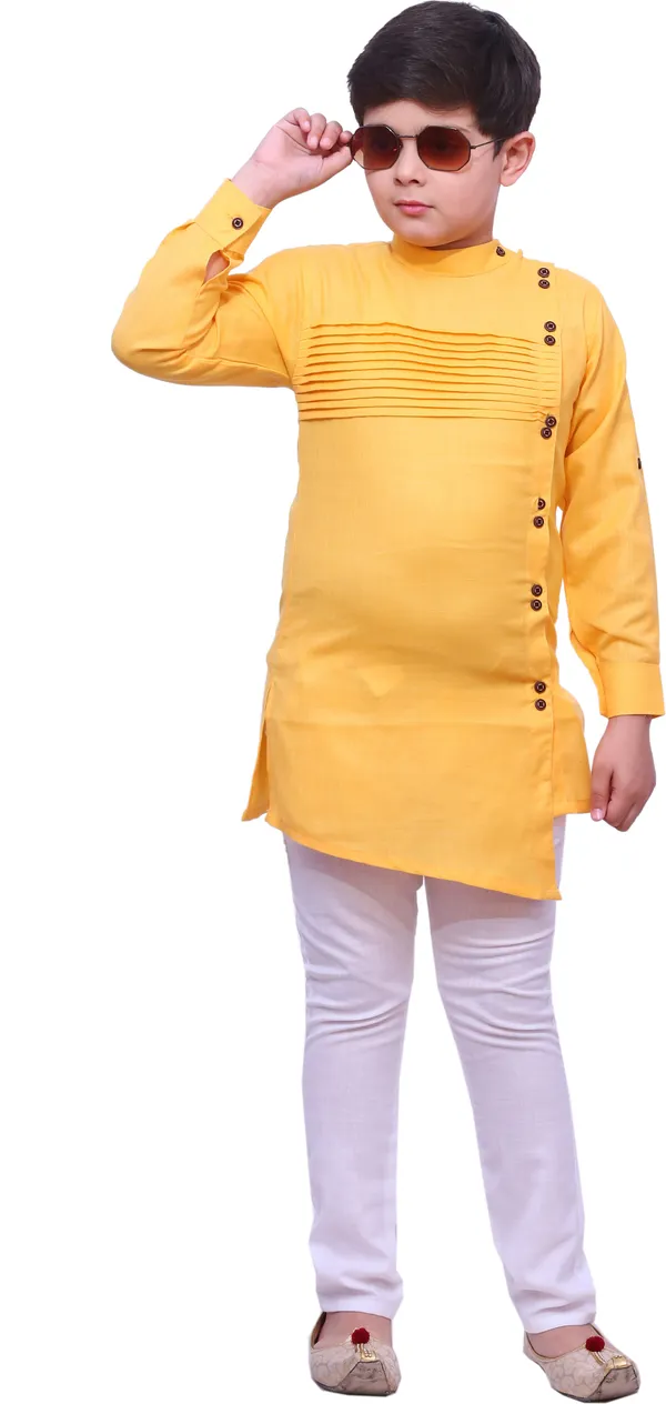 Yellow_Cotton_Blend_Solid_Full_Sleeve_Mandarin_Collar_Kurta_And_Pyjama_Set_For_Boys