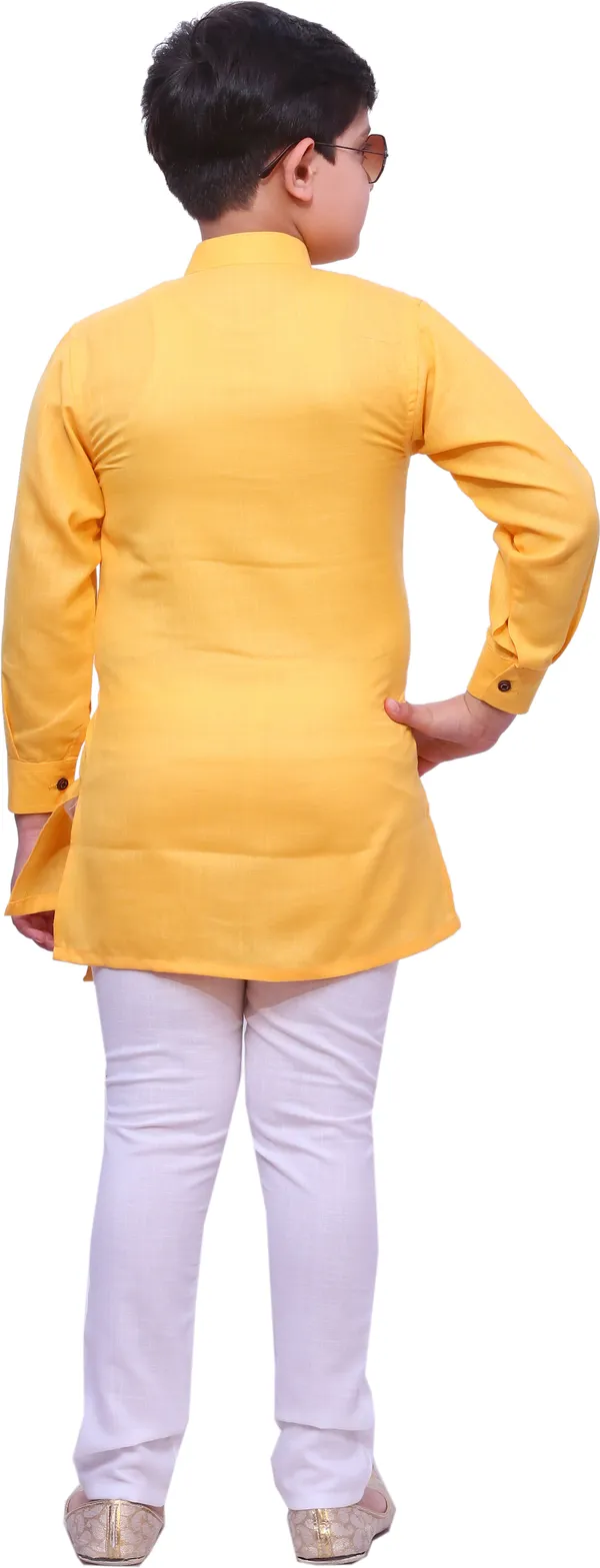 Yellow_Cotton_Blend_Solid_Full_Sleeve_Mandarin_Collar_Kurta_And_Pyjama_Set_For_Boys