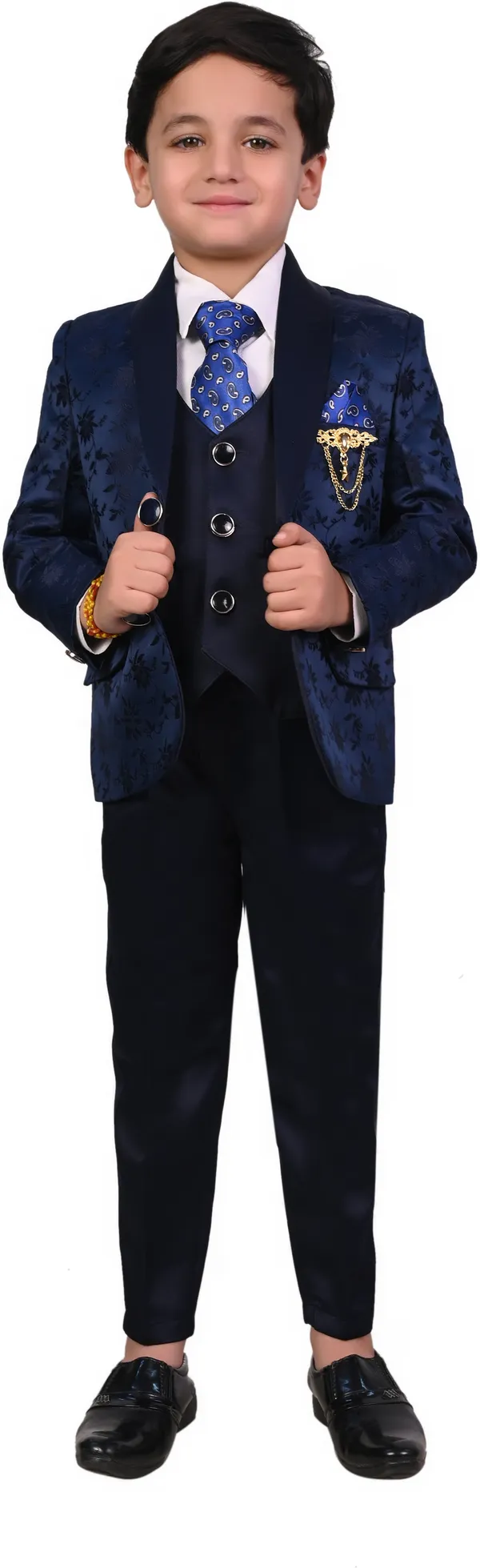 Dark_Blue_Satin_Designer_Printed_Jackyard_Printed_5_Piece_Coat_Pant_Set_For_Kids_Boys