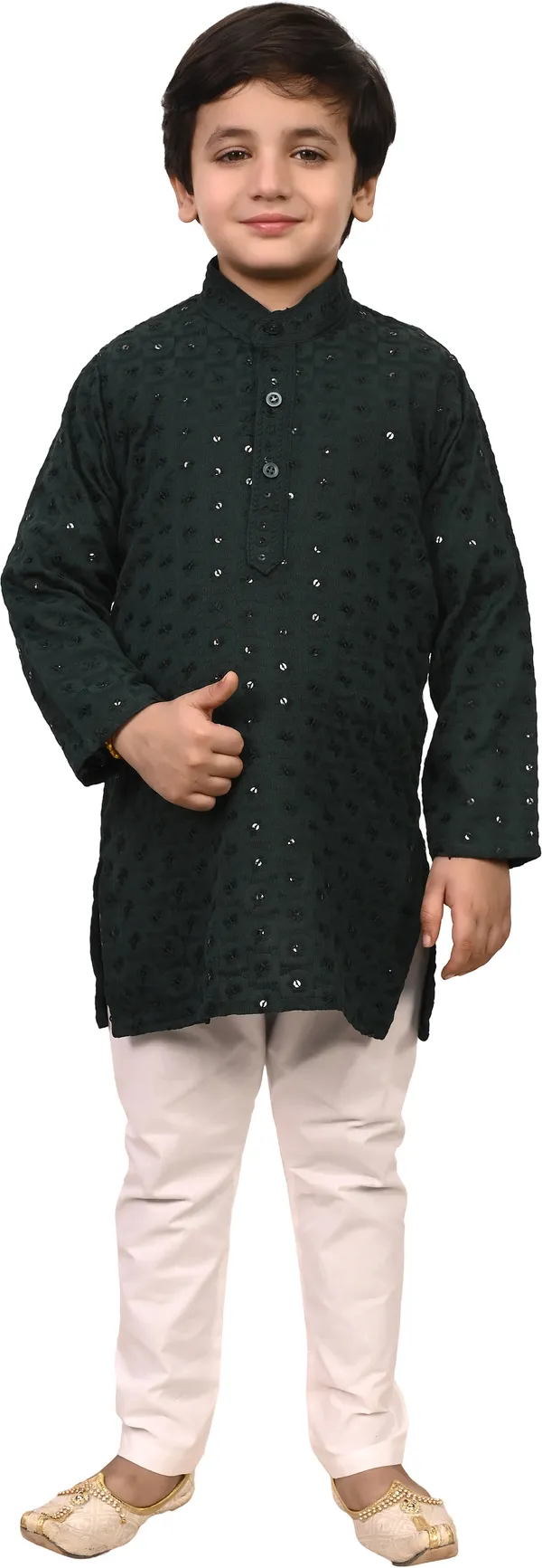 Dark_Green_Cotton_Blend_Embroidered_Festive_&_Party_Kurta_And_Pyjama_Set_For_Kids_Boys
