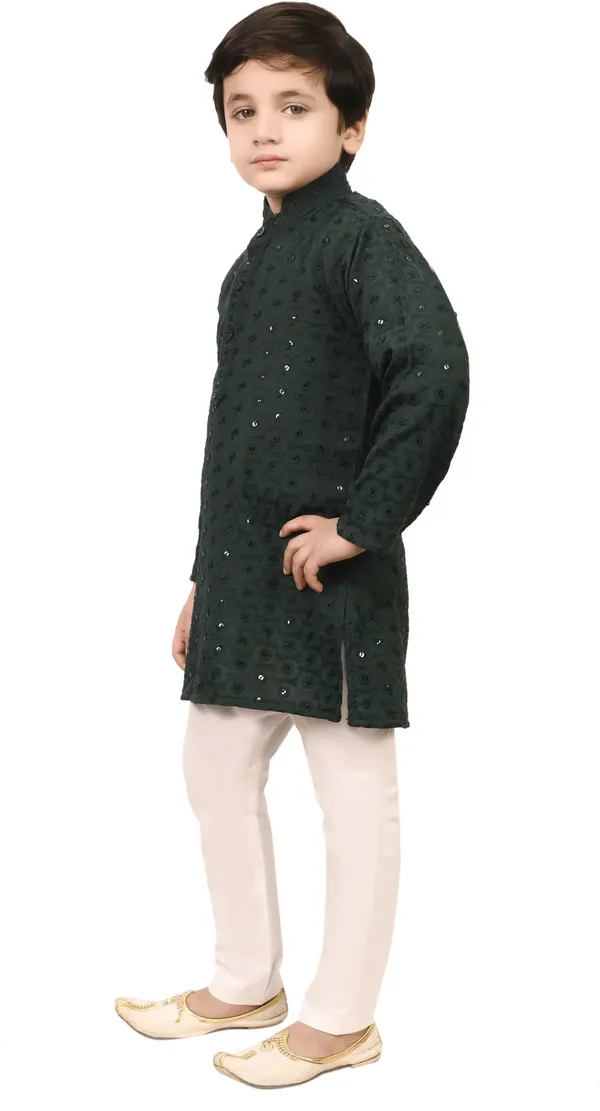 Dark_Green_Cotton_Blend_Embroidered_Festive_&_Party_Kurta_And_Pyjama_Set_For_Kids_Boys