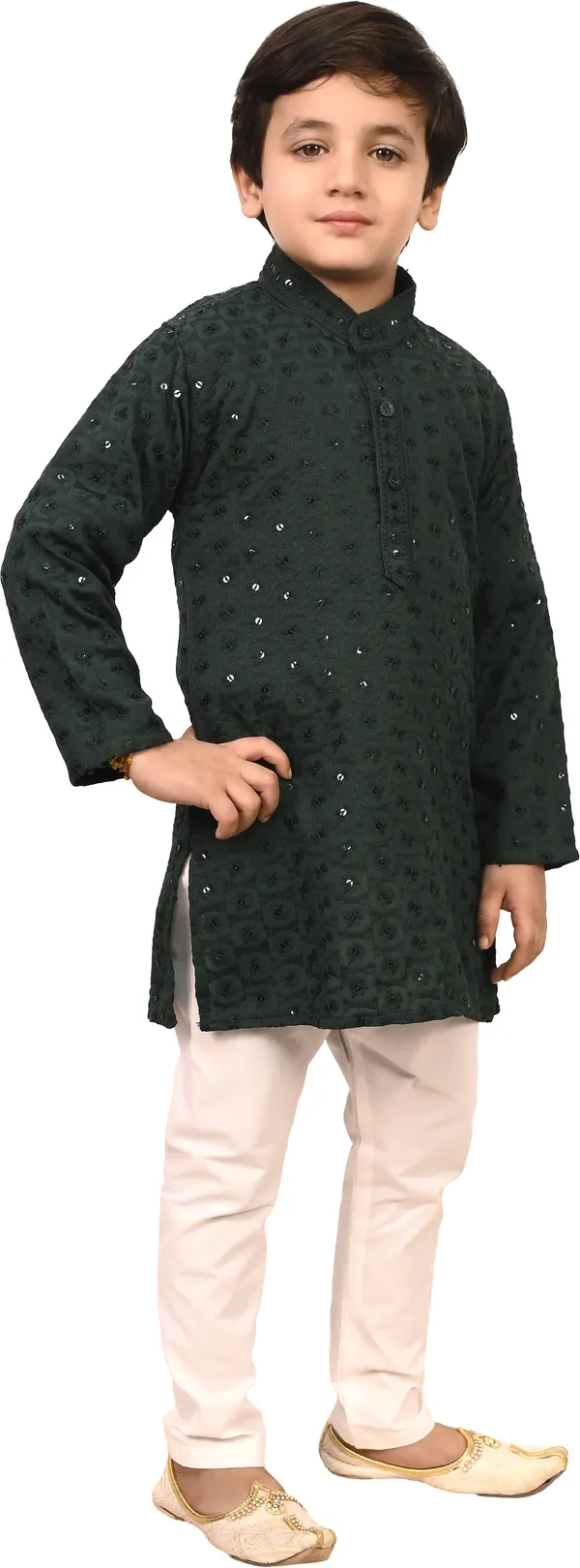 Dark_Green_Cotton_Blend_Embroidered_Festive_&_Party_Kurta_And_Pyjama_Set_For_Kids_Boys