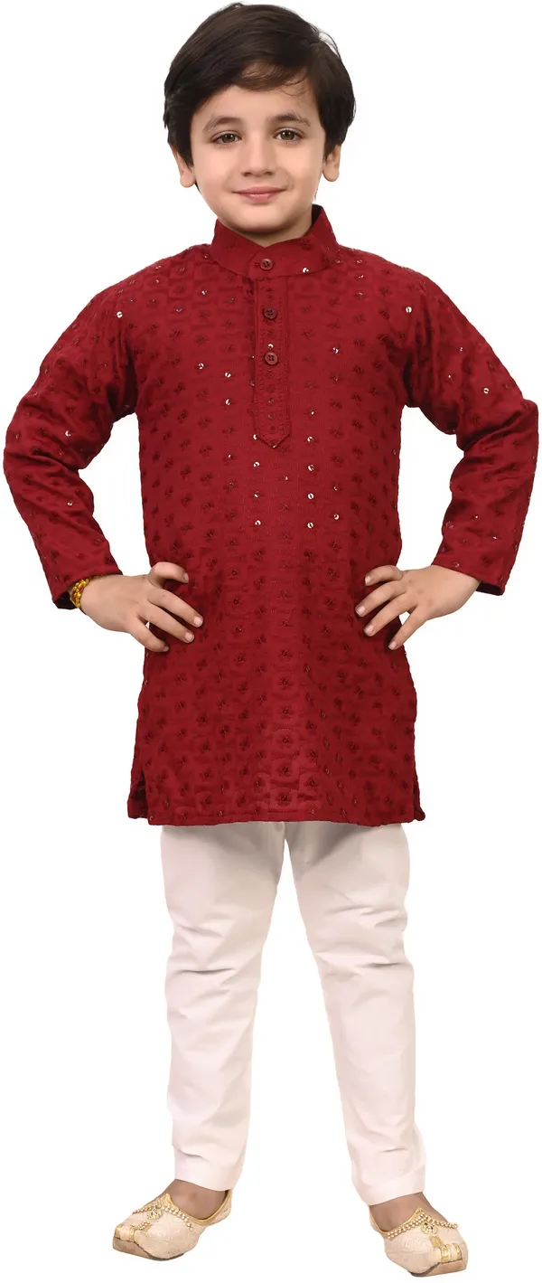 Red_Cotton_Blend_Embroidered_Festive_&_Party_Kurta_And_Pyjama_Set_For_Kids_Boys