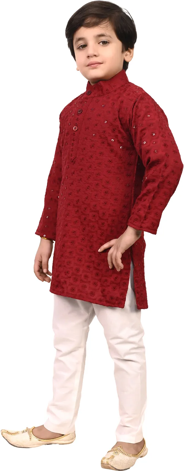 Red_Cotton_Blend_Embroidered_Festive_&_Party_Kurta_And_Pyjama_Set_For_Kids_Boys