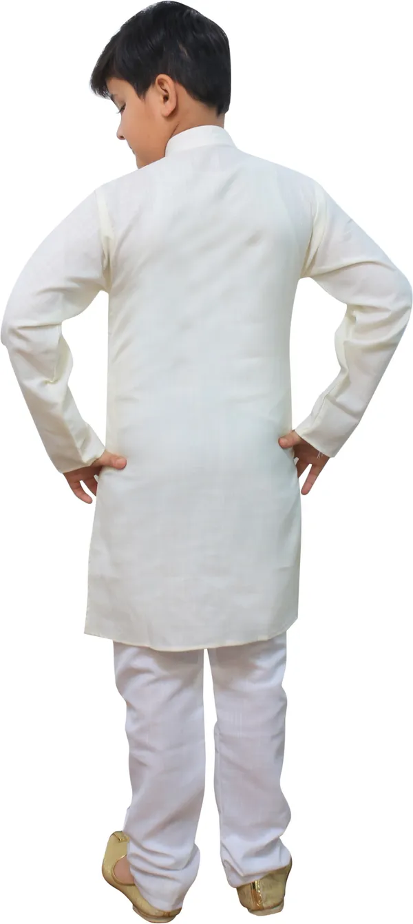 White_Cotton_Blend_Solid_Full_Sleeve_Mandarin_Collar_Kurta_And_Pyjama_Set_For_Boys