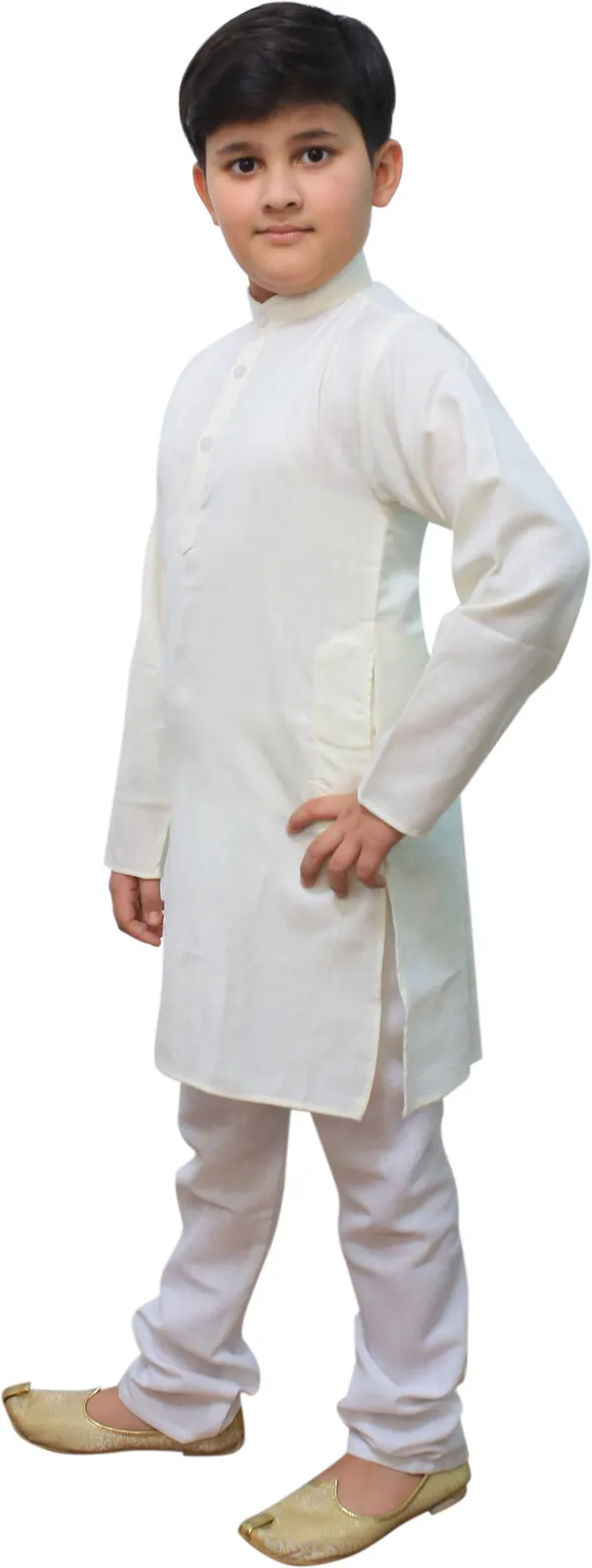 White_Cotton_Blend_Solid_Full_Sleeve_Mandarin_Collar_Kurta_And_Pyjama_Set_For_Boys