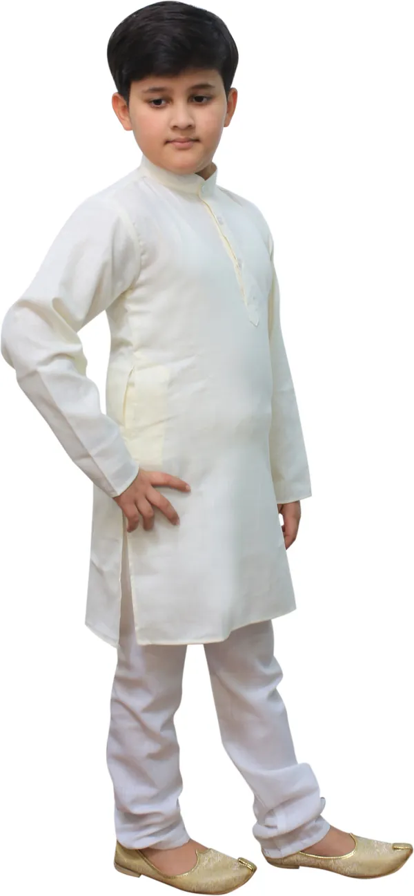 White_Cotton_Blend_Solid_Full_Sleeve_Mandarin_Collar_Kurta_And_Pyjama_Set_For_Boys