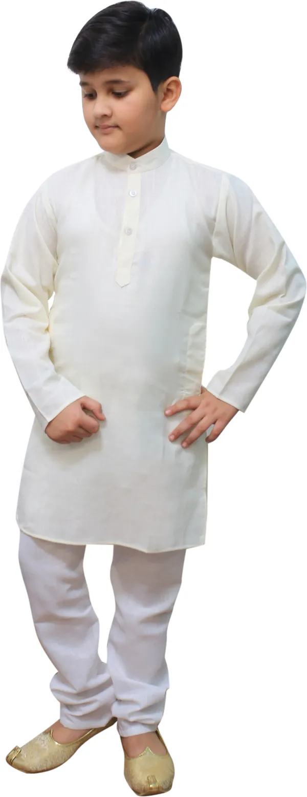 White_Cotton_Blend_Solid_Full_Sleeve_Mandarin_Collar_Kurta_And_Pyjama_Set_For_Boys