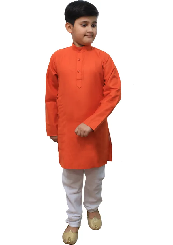 Red_Cotton_Blend_Solid_Full_Sleeve_Mandarin_Collar_Kurta_And_Pyjama_Set_For_Boys
